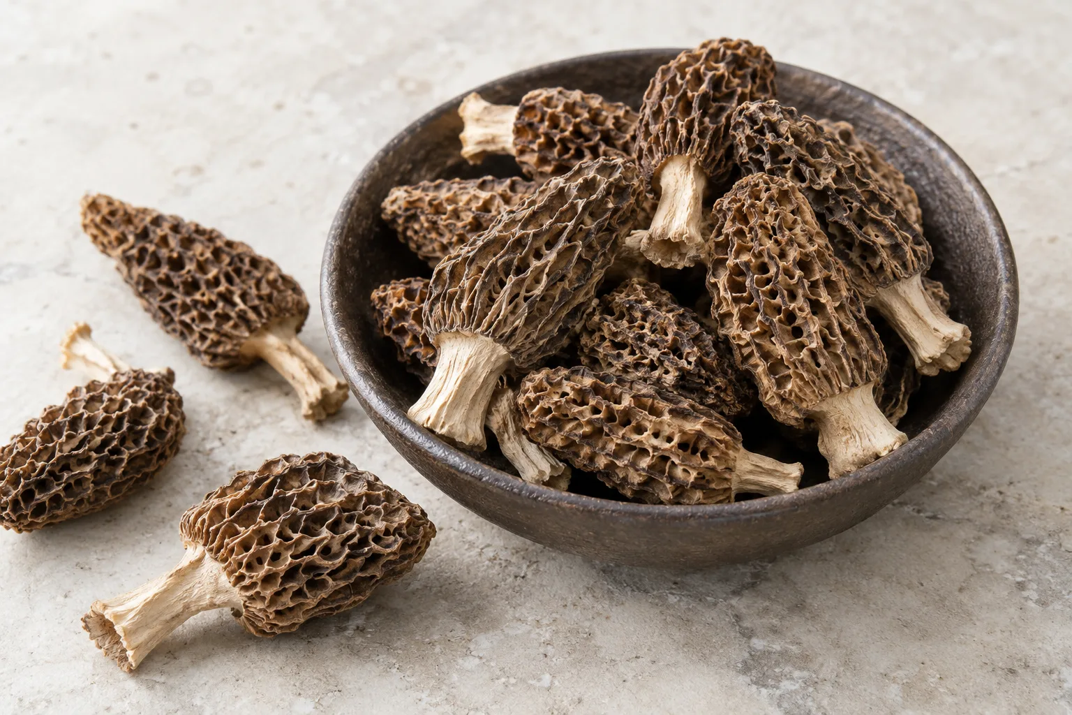 Illustrative still life of whole dried morel mushrooms in a ceramic bowl